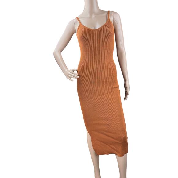 New Air Space Women Brown Rib Knit Spaghetti Strap V-Neck Bodycon Midi Dress M - Picture 1 of 6